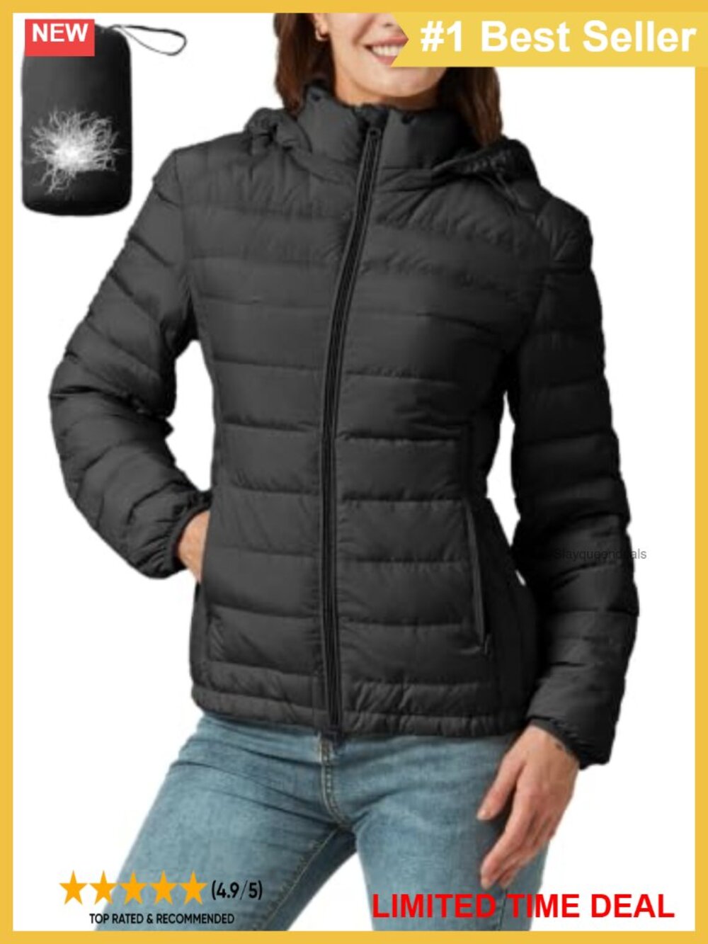 Packable Down Jacket Lightweight Quilted Puffer Coat Hooded Travel